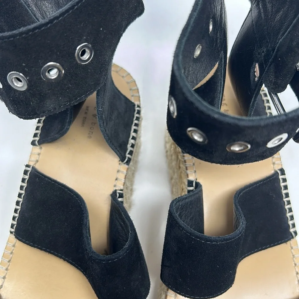 Rag & Bone Black Suede Leather Square Toe Espadrille Platform Buckle Sandals